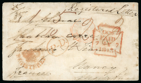 1843 (Jul 7) Envelope sent registered from London to France with red "(CROWN) / REGISTERED" handstamp
