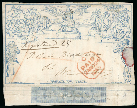 Stamp of Great Britain » 1840 Mulreadys & Caricatures 1845 (Nov 24) 2d Mulready lettersheet front with POSTAGE flap, stereo a104, sent registered to Winchester