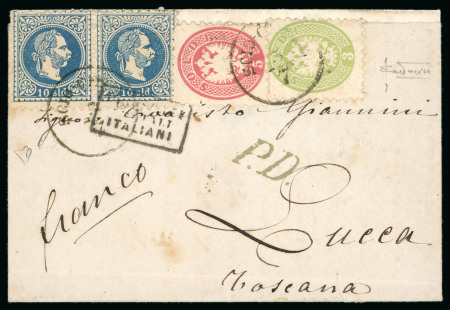 Stamp of Austria » Austrian Levant 1869 Cover to Lucca with mixed franked of Austrian Post in Levante 3s green and 5s red eagle, pair of 10s blue