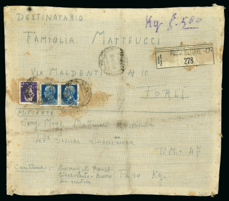 Stamp of Italy » Posta Militare » Seconda Guerra Mondiale 1942, involucro di tela per pacco con uso rarissimo del 10 lire nella posta militare