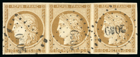 1849, Bande de 3 Cérès 10 centimes bistre jaune,
