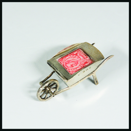 Stamp of Stamp Boxes 1907 Silver stamp box in the form of a wheelbarrow, 25mm tall, with hinged lid and gilt interior