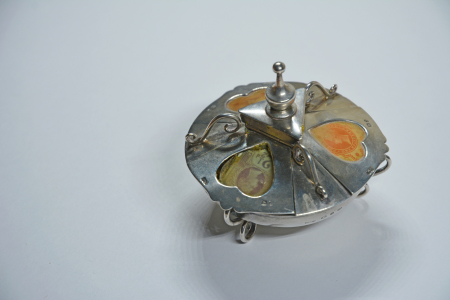 1897 Silver stamp box in the shape of a bowl with three stamp compartments with hinged lids