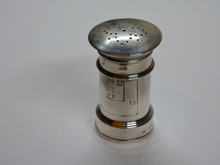 1908 Silver pepper shaker in the form of a postbox, 64mm tall, with signed reading "PEP / PER" downwards