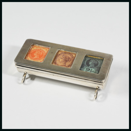 1897 Silver stamp box with three compartments and sprung hinged lid, ornate curved feet,
