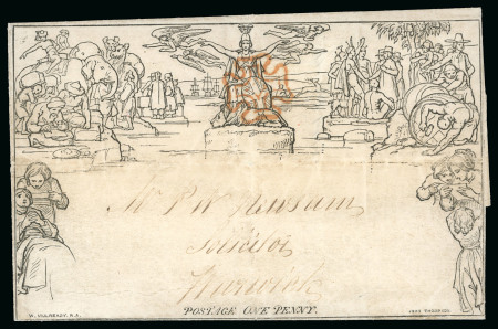 Stamp of Great Britain » 1840 Mulreadys & Caricatures 1840 (Jun 7) 1d Mulready lettersheet sent to Warwick cancelled by a fine upright Leicester Maltese Cross in orange
