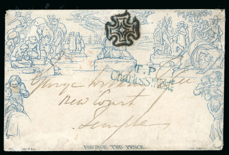 Stamp of Great Britain » 1840 Mulreadys & Caricatures 1841 2d blue Mulready envelope, sent locally in London, cancelled by a London "Broken Points" Maltese Cross