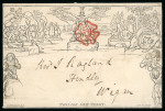 Stamp of Great Britain » 1840 Mulreadys & Caricatures 1840 (May 13) 1d black Mulready lettersheet, stereo A2, sent to Wigan, cancelled by a very fine Warrington red Maltese Cross