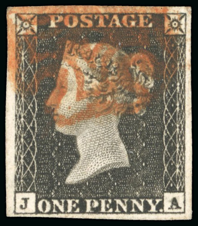 Stamp of Great Britain » 1840 1d Black and 1d Red plates 1a to 11 1840 1d intense black pl. 1a JA, four margins, red Maltese Cross, wmk small crown inverted variety,