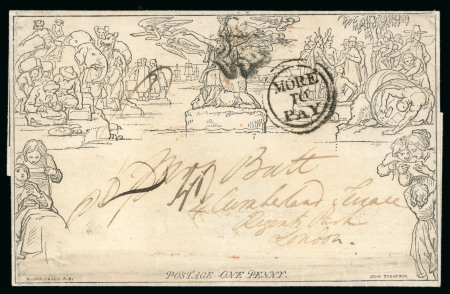 Stamp of Great Britain » 1840 Mulreadys & Caricatures 1843 (Aug 28) 1d black Mulready lettersheet, Newcastle Under Lyme, black Maltese Cross, "More to Pay" 