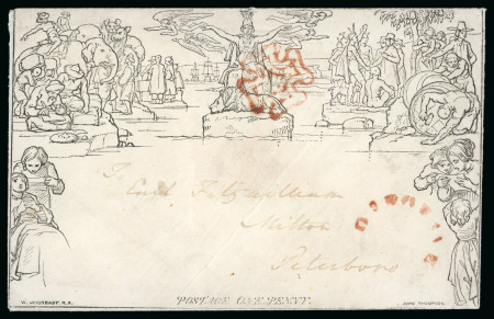 Stamp of Great Britain » 1840 Mulreadys & Caricatures 1840 1d black Mulready envelope sent to Peterborough, cancelled by a red Maltese Cross of Dorking, UDC