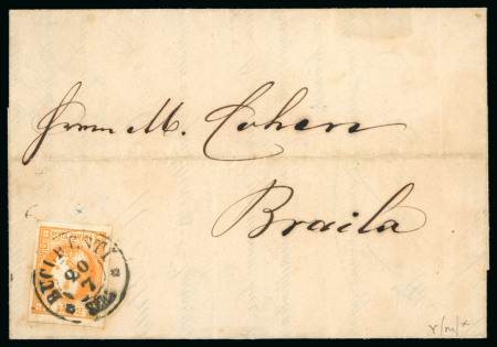 1869 (July 20) Cover to Braila 2b orange, large four margins, very rare spectacular variety "PCSTA", probably unique
