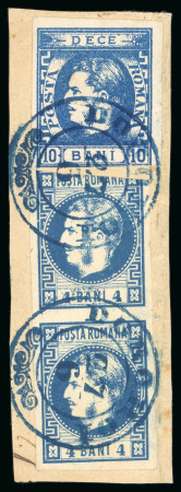 1869 (June 27) Fragment bearing a mixed franking of the 10b blue 1869 issue, with a 4b blue vertical pair of 1868