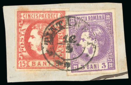 Stamp of Romania » 1868-70 Prince Carol I - New Currency 1869 15b vermilion in combination with 3b violet "TINTARENI" cds, rarest PO of the entire Romanian classics
