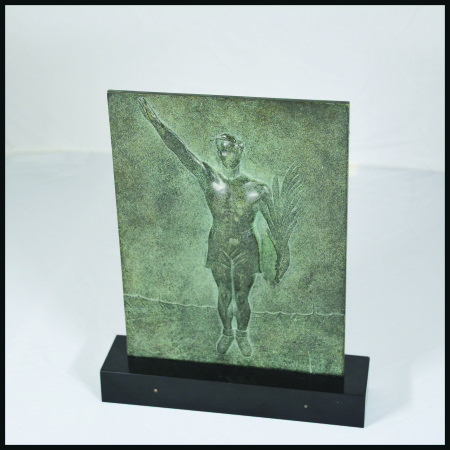 Stamp of Olympics » Olympic Statues Plaque by R. Delandre in cast iron showing athlete in relief doing the Olympic salute holding a palm branch inside of a stadium, 262mm tall