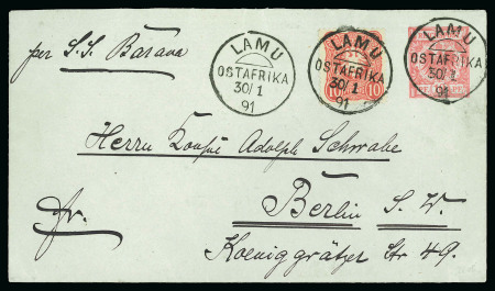 Stamp of Germany » German Colonies » German East Africa 1891 (Jan 30) 10pf postal stationery card uprated with 1888-91 10pf each cancelled by crisp strikes of the Lamu cds