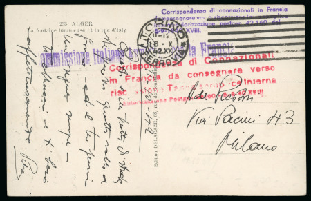 Stamp of Italy » Italian Occupations WWII » France 1942 Postcard from Algiers from the Italian Armistice Commission, unique with two tax handstamps 