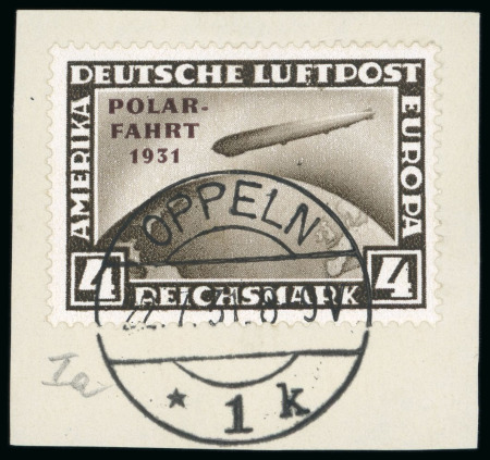 Stamp of Germany 1931 Polar flight Zeppelin air post stamp set of three, 1rm, 2rm and 4rm, used, tied to small pieces "OPPELN" cds