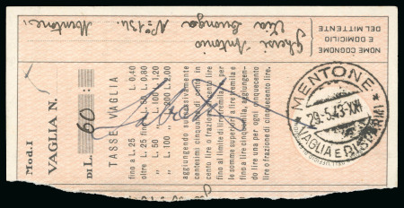 Stamp of Italy » Italian Occupations WWII » France 1943 Two money order receipts from Menton with very rare cds's