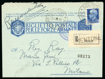 Stamp of Italy » Italian Occupations WWII » France 1943 (April 29) Italian folded military letter sent registered at reduced rate