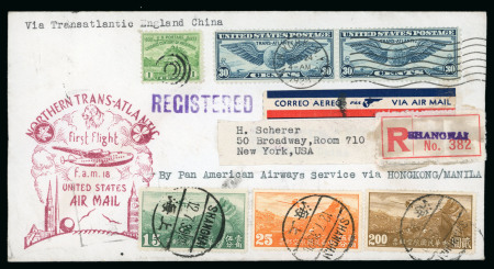 Stamp of China » Chinese Empire (1878-1949) » Chinese Republic 1939 (June 24) First flight registered cover Northern Trans-Atlantic England to China mixed USA China franking