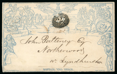 Stamp of Great Britain » 1840 Mulreadys & Caricatures 1846 (6 Mar.) 2d Mulready lettersheet from London to Lyndhurst, neatly cancelled by a fine strike of the London "2" numeral