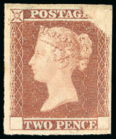 Stamp of Great Britain » Line Engraved Essays, Plate Proofs, Colour Trials and Reprints 1841 2d red-brown trial printing on "Dickinson" silk thread paper with void corner and letter squares