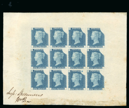 Stamp of Great Britain » Line Engraved Essays, Plate Proofs, Colour Trials and Reprints 1840 1d Rainbow trial (state 3), complete sheet of 12 impressions printed in dull blue on white wove gummed paper