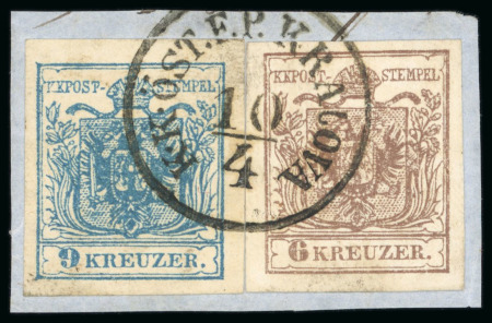 1850-54 Austrian PO Crimean War 6kr brown and 9kr blue machine paper, type III, large margins tied to piece