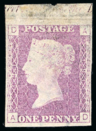 Stamp of Great Britain » Line Engraved Essays, Plate Proofs, Colour Trials and Reprints 1878 1d mauve fugitive ink trial, pl.191, AD, from the top of the sheet showing small part inscription