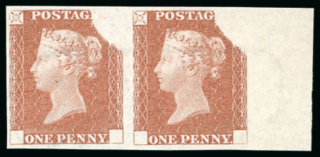 Stamp of Great Britain » Line Engraved Essays, Plate Proofs, Colour Trials and Reprints 1840 1d Red-Brown Rainbow Trial (state 3) imperforate horizontal pair from the right of the sheet