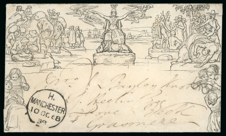 Stamp of Great Britain » 1840 Mulreadys & Caricatures 1868 (Oct 10) 1d Mulready envelope from Worsley to Grasmere, Britannia uncancelled, "2" postage due