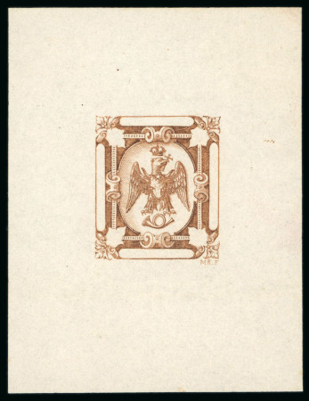 1865-66 Essays (unadopted) for proposed Prince Cuza issue, on white wove paper, in red and brown,