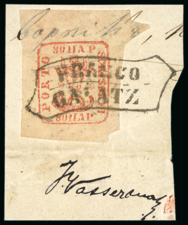 1858 80par red-brown on yellowish paper, used, tied to small piece by superb  "Franco Galate" cancel