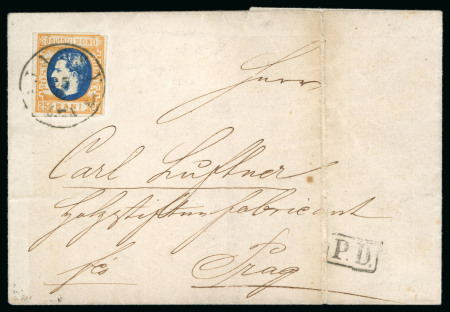 1870 Cover from Lasi to Prague franked with a 25b orange and blue, Carol with whiskers, imperforate