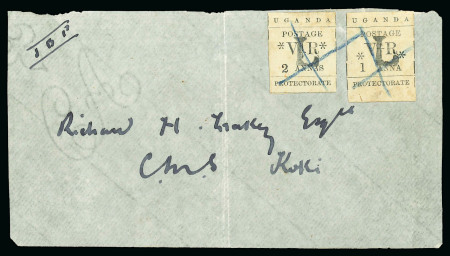 Stamp of Uganda 1896 (Nov) "L" Overprint 1a and 2a on front sent to Richard Leakey, CMS Koki