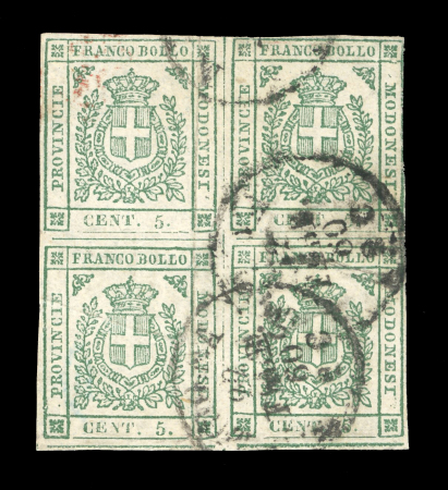 Stamp of Italian States » Modena 1859, 5 c. verde, blocco di quattro usato, uno dei soli tre conosciuti.