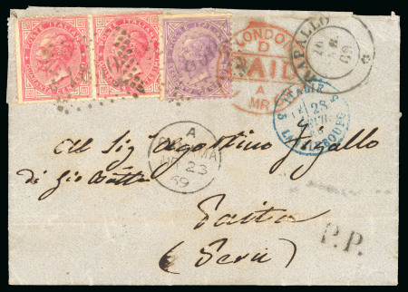 Stamp of Italy » Regno d'Italia 1869, lettera da Rapallo per Paita (Perù), affrancata con coppia del 40 c. ed un 60 c. Raro transito di Panama.