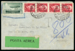 1935, aerogramma del 12 luglio da Milano per San Paolo con francobollo non tollerato e con segnatasse in arrivo