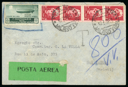 Stamp of Italy » Regno d'Italia » Posta Aerea 1935, aerogramma del 12 luglio da Milano per San Paolo con francobollo non tollerato e con segnatasse in arrivo