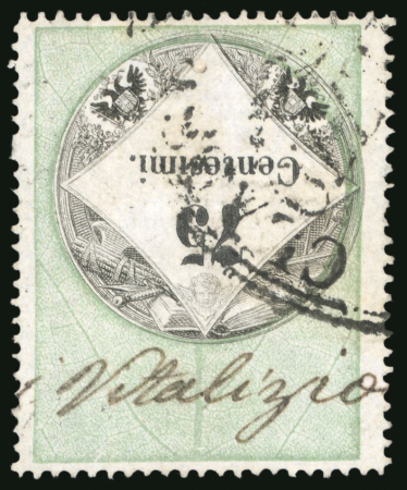 Stamp of Italian States » Lombardy Venetia 1850, 5 c. giallo arancio chiaro, striscia orizzontale di tre usata