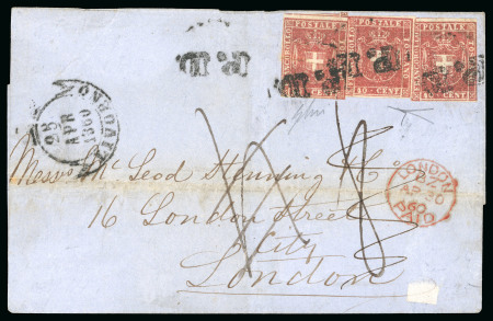 Stamp of Italian States » Tuscany 1860 40c carminio del Governo Provvisorio, tre esemplari su lettera