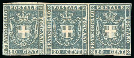 Stamp of Italian States » Tuscany 1860, 20 c. azzurro grigio verdastro, striscia di tre nuova senza gomma