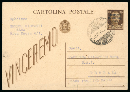 Stamp of Italy » Foreign Occupations of Italian Territories or Under Italian Sovereignty » German Occupation of Zara 1943 30c stationery card showing the first overprint and cancelled at Trieste
