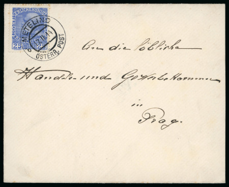 Stamp of Austria » Austrian Levant 1914 Cover to the Chamber of Commerce in Prague franked with 25h deep-blue ordinary paper tied "Metelino"