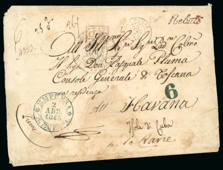 Stamp of Cuba 1843 (Jan 30) Envelope sent from France and addressed to the Consul of Tuscany in Havana, sent unpaid