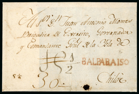 Stamp of Chile » Postal History 1800ca Cover front with "Balparaiso" in red (S.F.C. MPF48-1) and 30 reales rate
