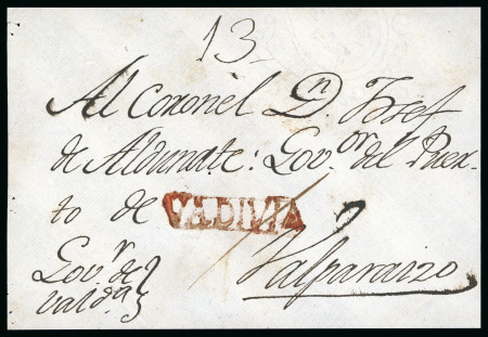1798ca Cover front with "Vadivia" straight line in red (S.F.C. MPF46), the earliest and scarcest pmk of Valdivia