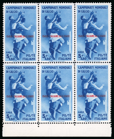Stamp of Italy » Italian Colonies and Possessions » Aegean Islands 1934, "Calcio", 20 c. rosso bruno e 5 l. + 2,50 azzurro, blocchi si sei