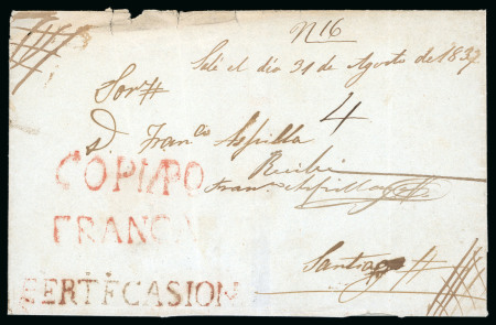 Stamp of Chile » Postal History 1837 (Aug 31) Registered cover "Copiapo" straight line in red hs rare registered mail